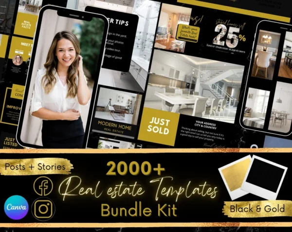 2000+ Black & Gold Real Estate Templates Bundle, Social Media Posts Stories For Realtors, Instagram Highlight Icons, Luxury Real Estate