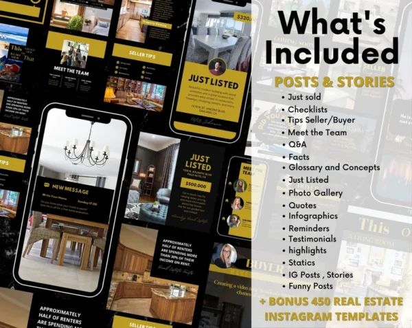 2000+ Black & Gold Real Estate Templates Bundle, Social Media Posts Stories For Realtors, Instagram Highlight Icons, Luxury Real Estate