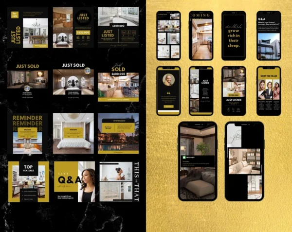 2000+ Black & Gold Real Estate Templates Bundle, Social Media Posts Stories For Realtors, Instagram Highlight Icons, Luxury Real Estate